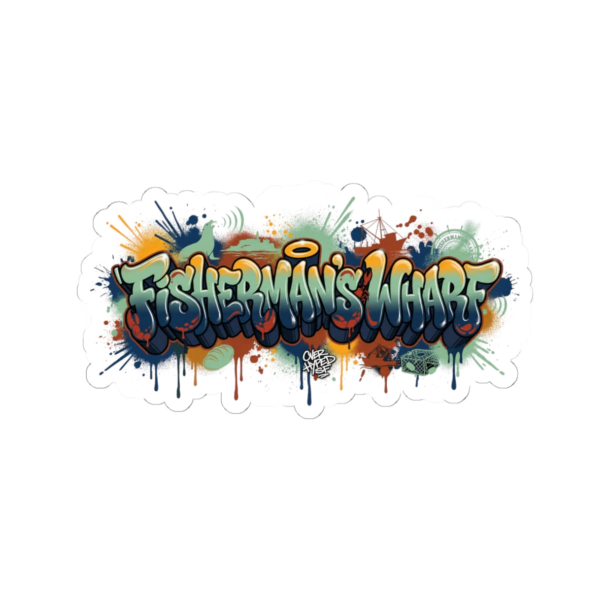 Fisherman's Wharf Graffiti Sticker — Colorful Kiss-Cut Decal for Laptops & Gear