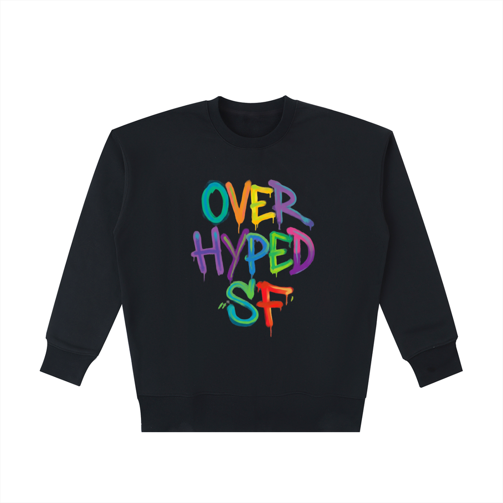 Black sweatshirt with colorful 'OVER HYPED SF' text on a white background