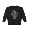 Black sweatshirt with colorful 'OVER HYPED SF' text on a white background