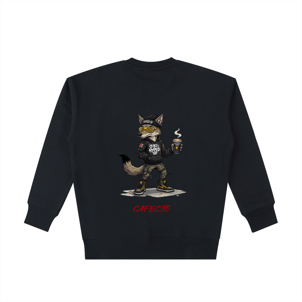 Black sweatshirt with a graphic of a fox holding a coffee cup on a white background