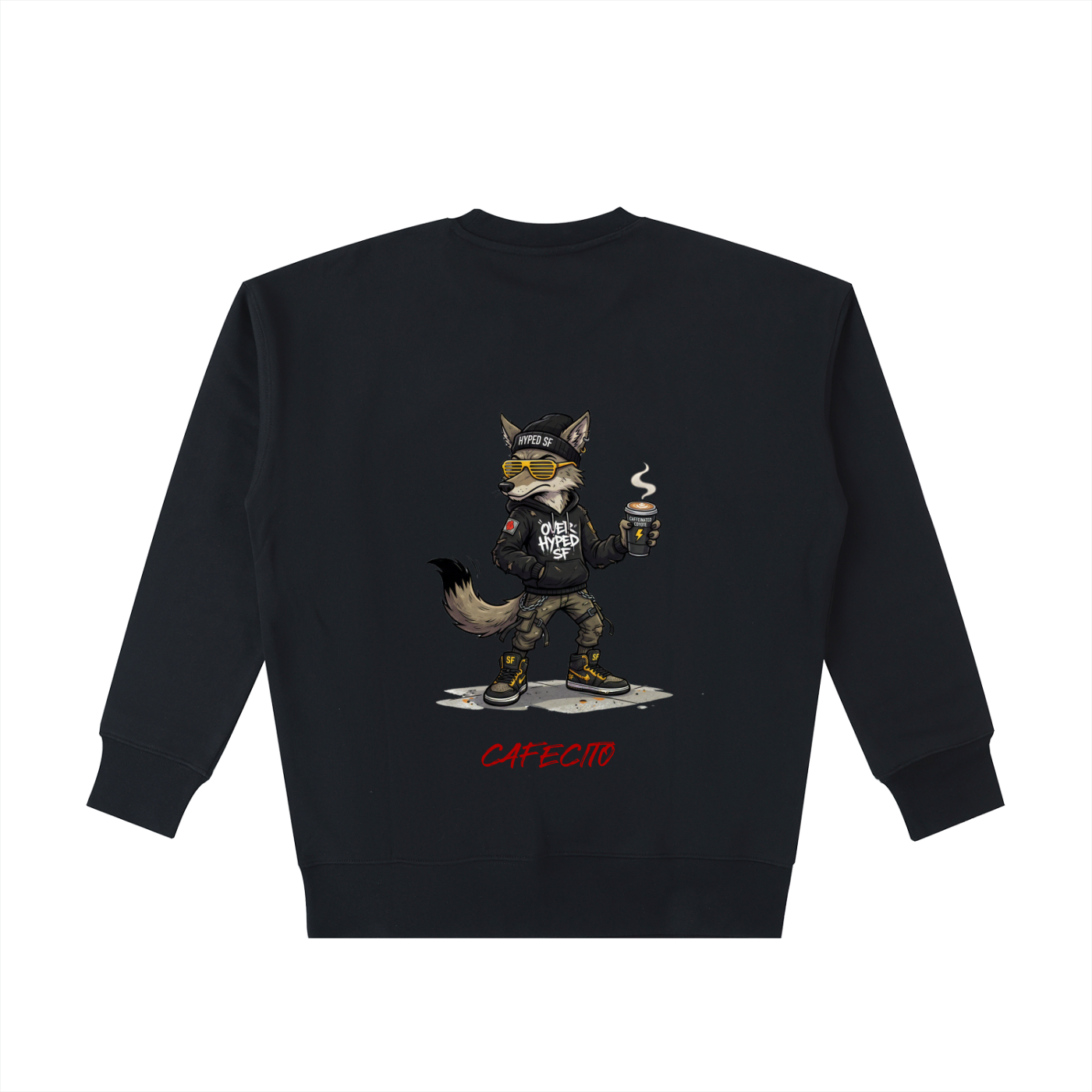 Black sweatshirt with a graphic of a fox holding a coffee cup on a white background