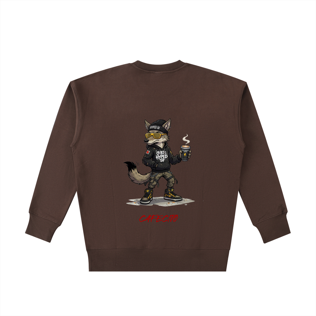 Brown sweatshirt with a graphic of a fox holding a coffee cup on a white background