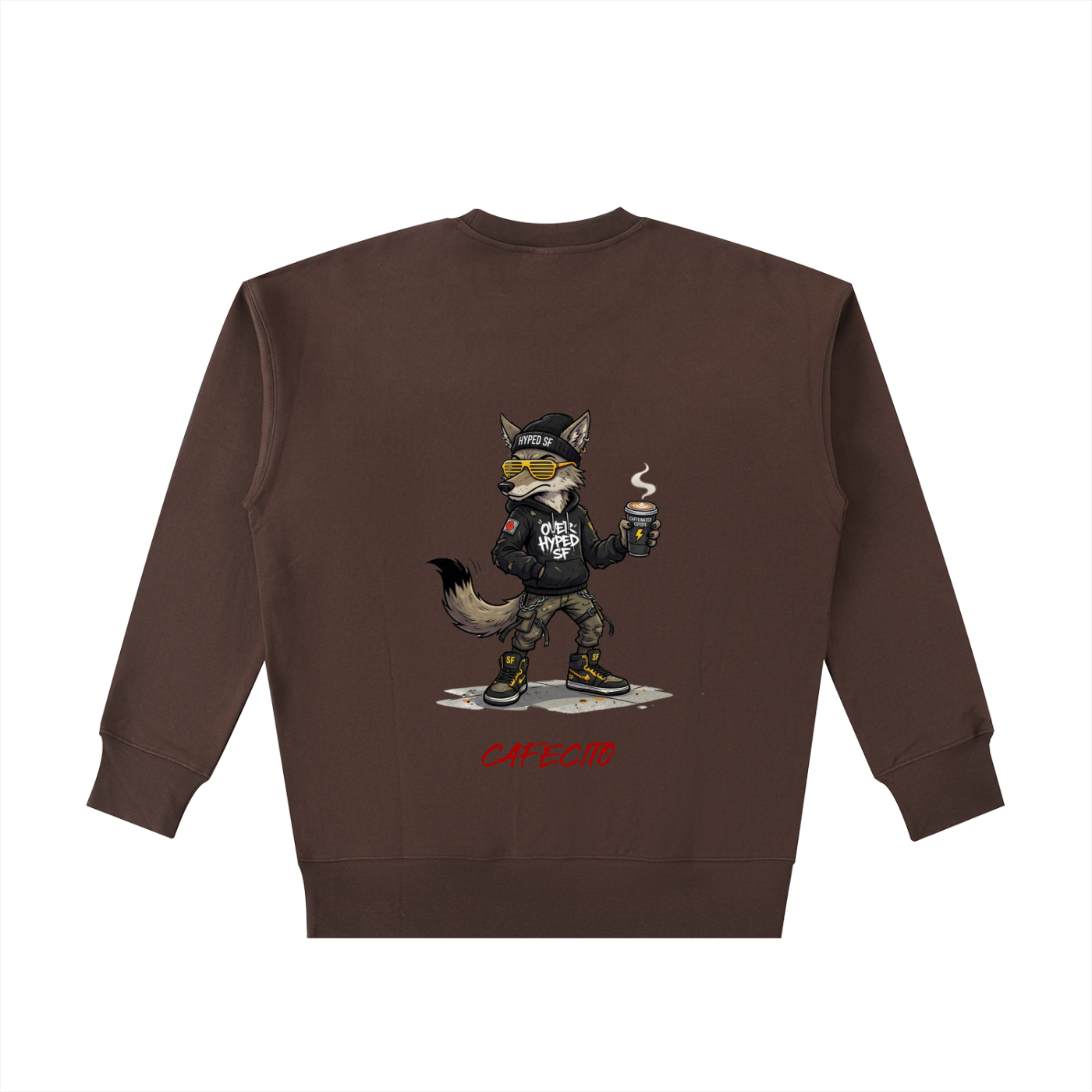 Brown sweatshirt with a graphic of a fox holding a coffee cup on a white background