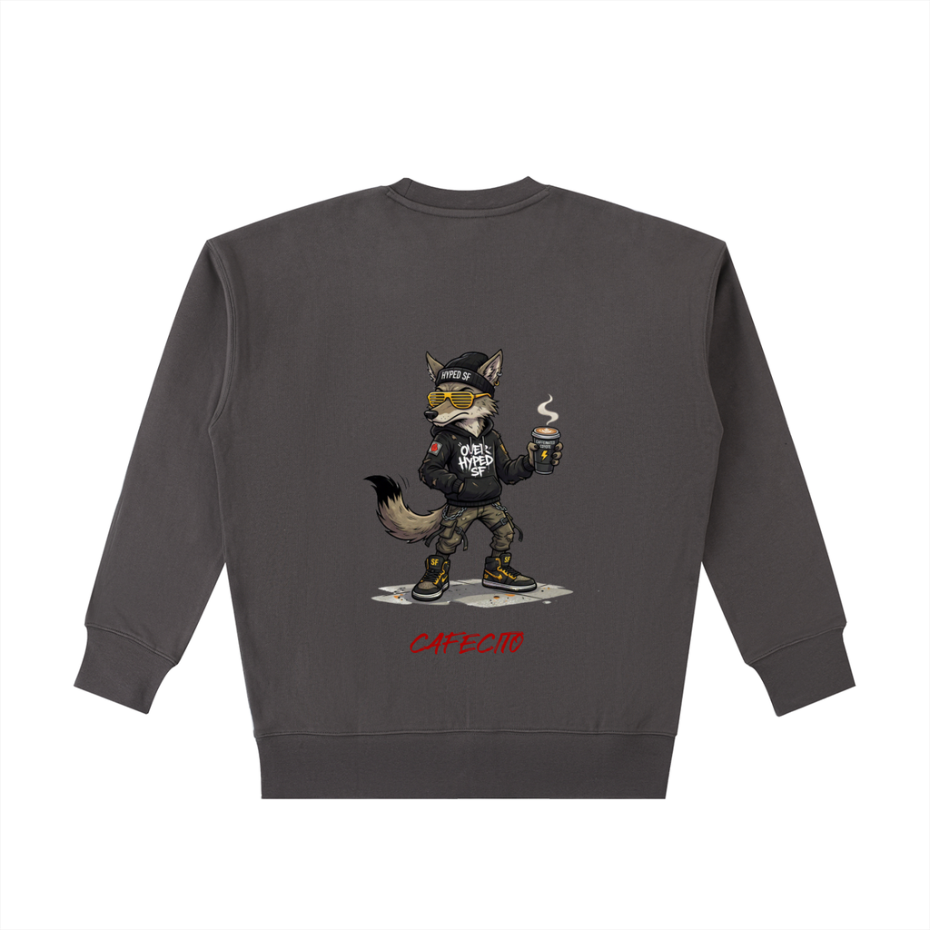 Gray sweatshirt with a graphic of a fox holding a coffee cup on the back, on a white background.