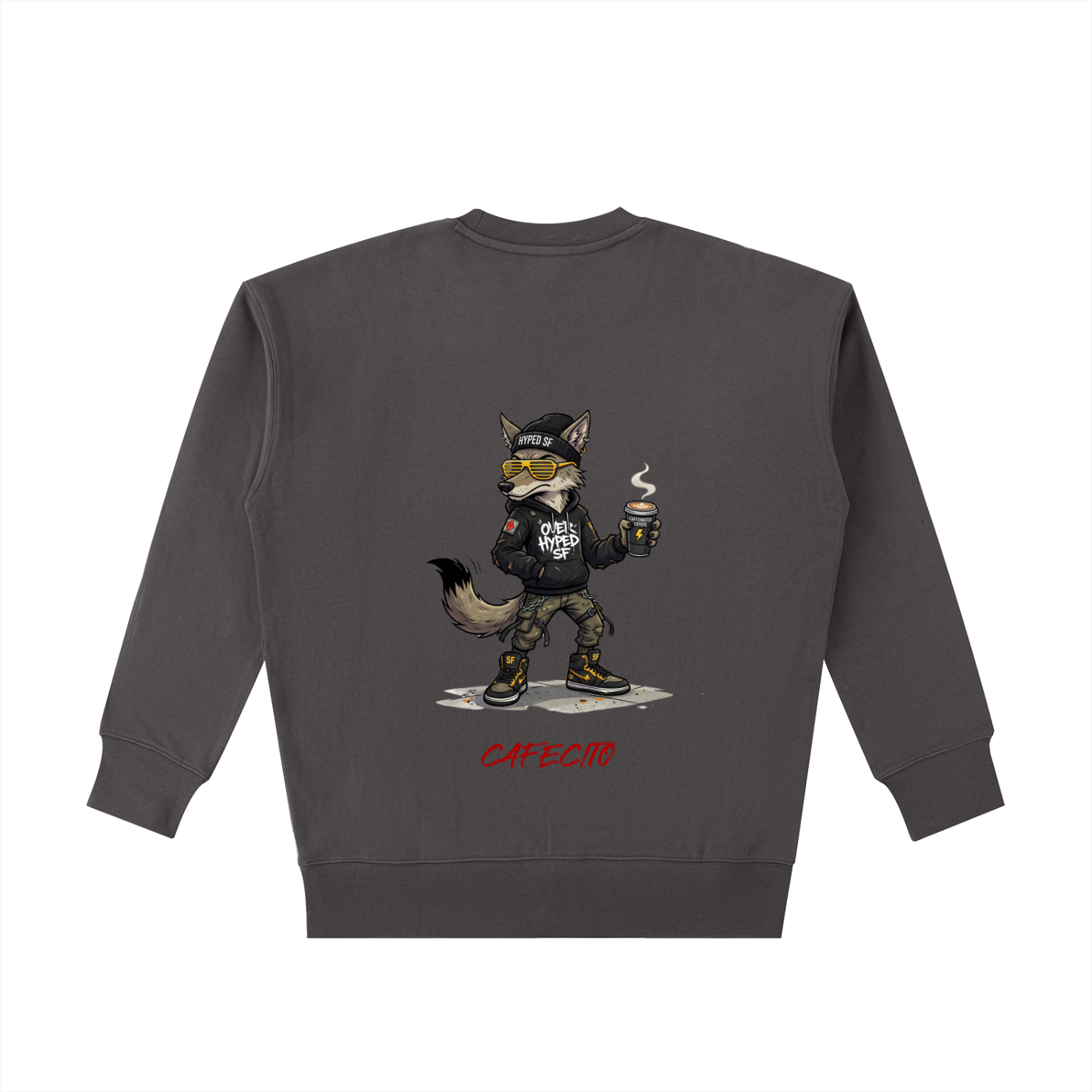 Gray sweatshirt with a graphic of a fox holding a coffee cup on the back, on a white background.