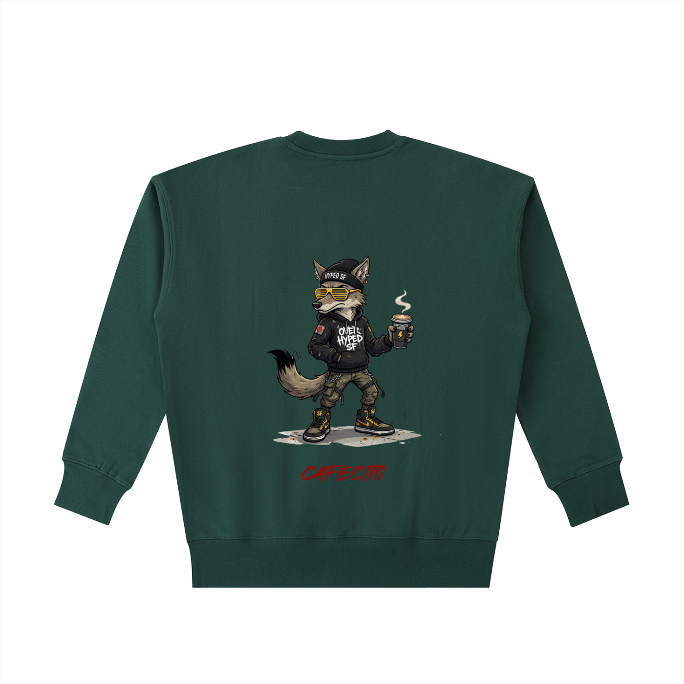 Green sweatshirt with a graphic of a fox character holding a can on a white background